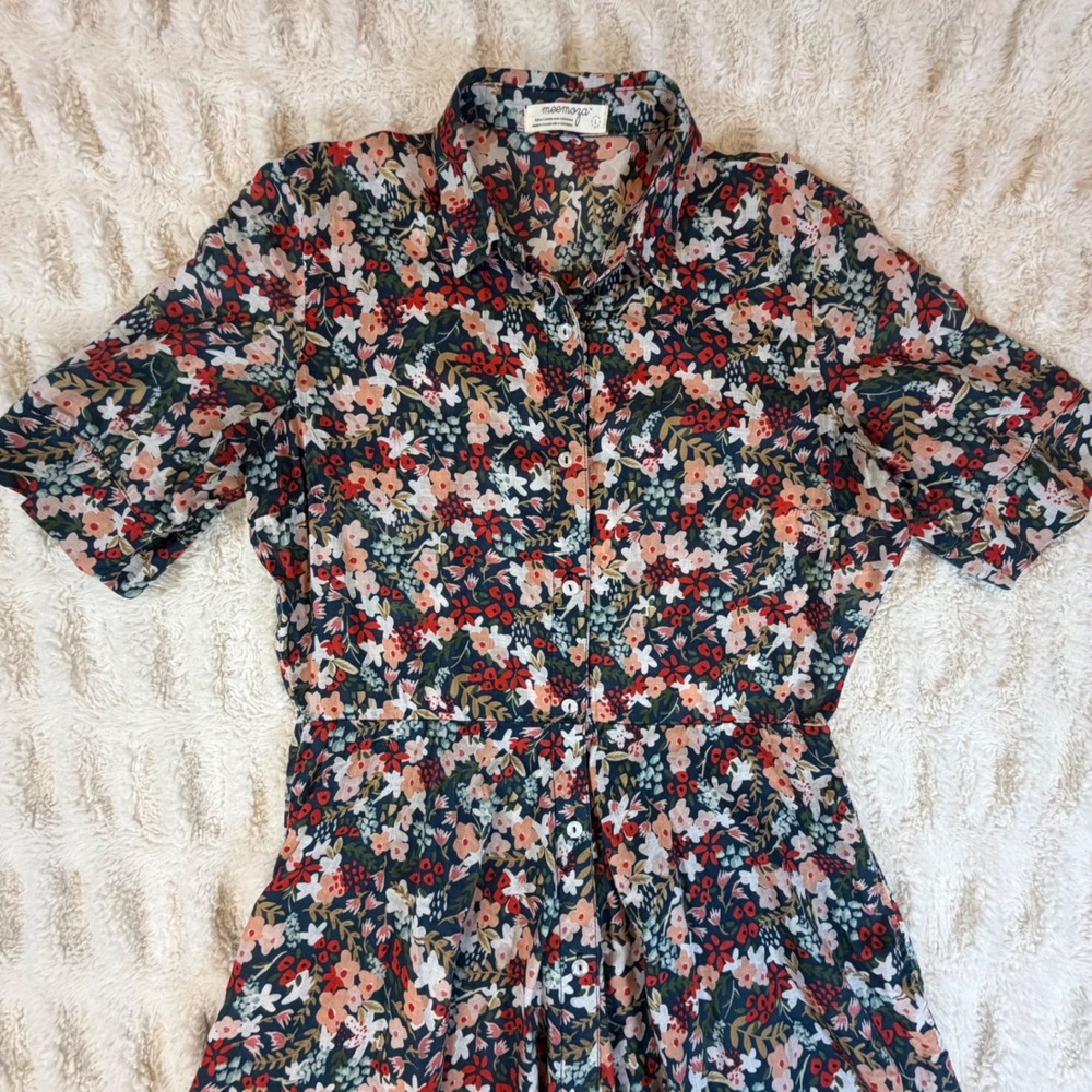 Meemoza Floral Shirt Dress Navy Multi Color Short Sleeve Button Front Canada L